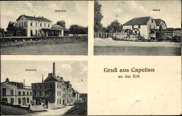 Ak-kapellen aan de Erft Grevenbroich, treinstation, molen, brouwerij