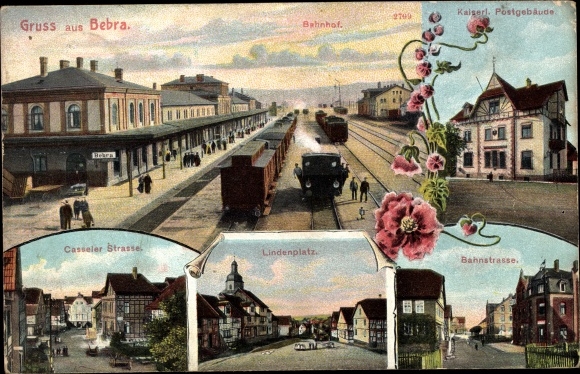 Postcard Bebra Hessen, railway station from the track side, railway, post office, Lindenplatz, Kasseler Straße, Bahnstr.