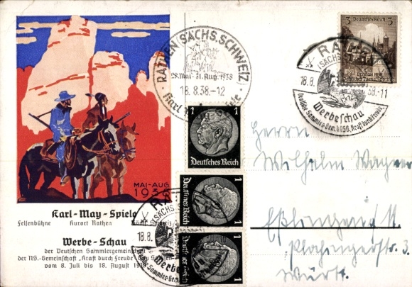 Ak Kurort Rathen, Felsenbühne, Karl May Spiele, Werbeschau KdF Sammlergruppen 1938