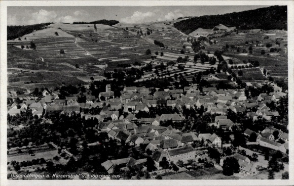 Postcard Bischoffingen Vogtsburg im Kaiserstuhl, aerial photograph, vineyards, village view,
