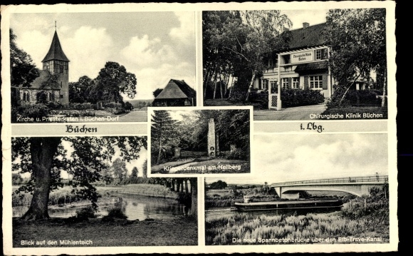 Ak Büchen im Herzogtum Lauenburg, Chirurgische Klinik, Mühlenteich, Kirche, Kriegerdenkmal