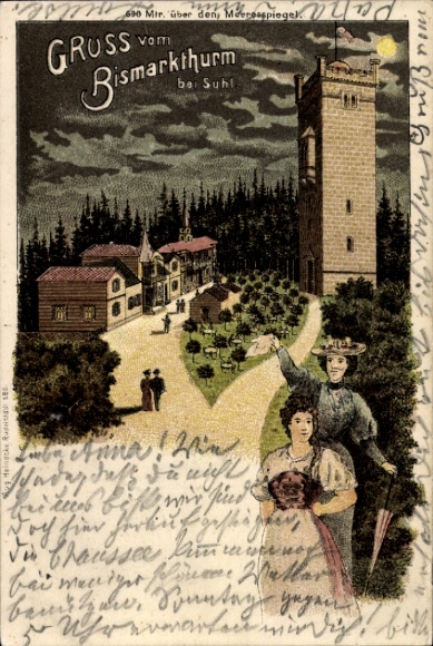 Chromo-Litho Suhl Thuringia, Bismarck Tower at night