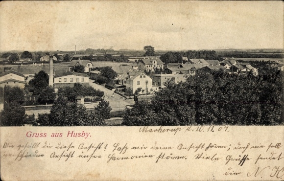 Ak Husby in Angeln, Übersicht von  Gebäude und Bäume, Gruss aus Husby-Schriftzug