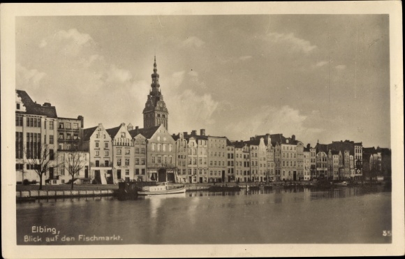 Postcard Elbląg Elbing West Prussia, fish market, gabled houses