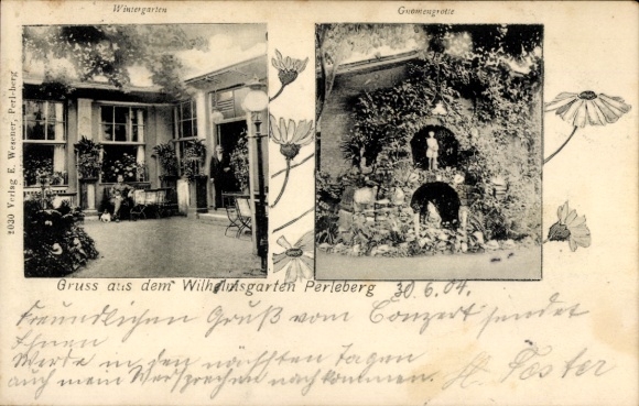 PC Perleberg in the Prignitz, front view with winter garden, flowers, PC motif, greetings from...