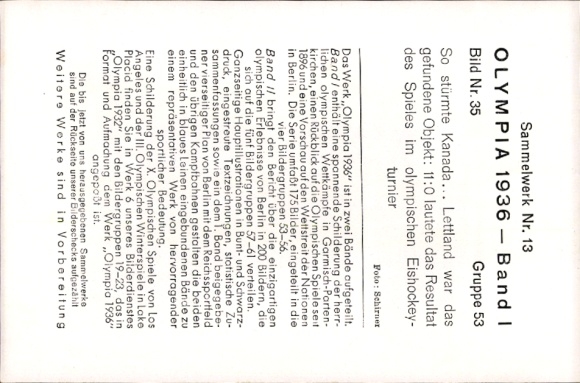 Collector's picture 1936 Olympics, ice hockey game Canada against Latvia