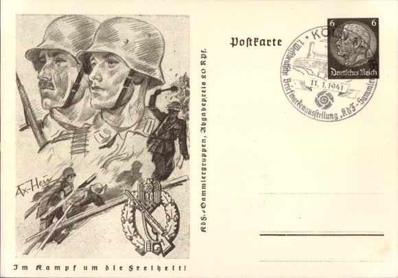 Postal stationery artist PC v. Axster Heudtlaß, W., In the fight for freedom, Wehrmacht, hand grenade