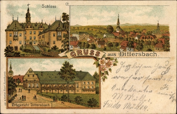 Chromo-Litho Dürrröhrsdorf Dittersbach in the district of Saxon Switzerland in the Eastern Ore Mountains, inheritance court, castle