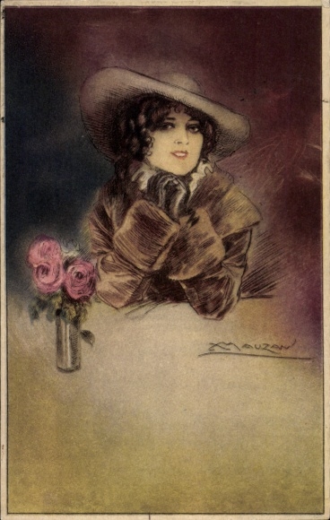 Artist Postcard Mauzan, woman portrait, coat, hat