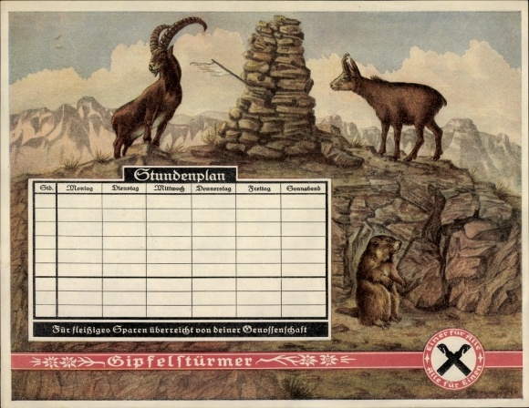 Timetable Savings Banks Cooperative, summiteers Alpine ibex, chamois, marmot around 1930