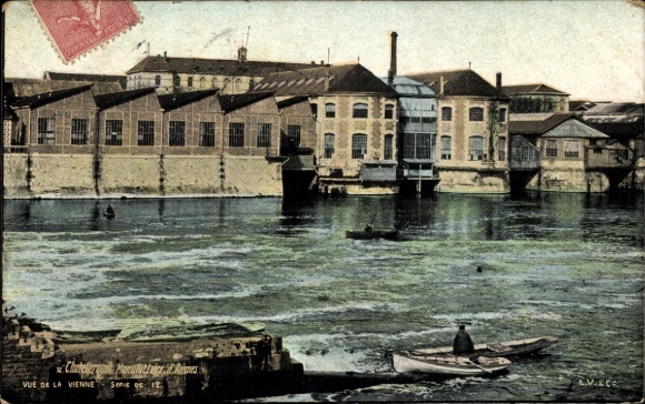 Postcard Mehun sur Yèvre Cher, picture shows factory building on a river, boat on the water, postmark