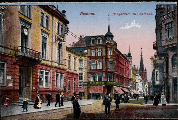 PC Bochum in the Ruhr area, Bongardstrasse with town hall, plot by H. Schneider