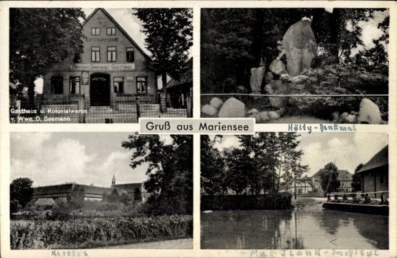 Postcard Mariensee Neustadt am Rübenberge, inn, Mariensee monastery, Hölty monument
