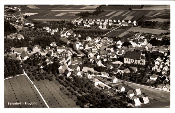 Postcard Baienfurt in Upper Swabia Württemberg, aerial view of residential buildings, fields, churches