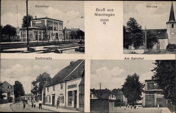 Postcard Nienhagen in Lower Saxony, train station, village street, church