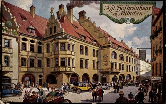 Kunstenaarsbriefkaart Quidenus, München, Koninklijk Hofbräuhaus, huurder Johann Panzer