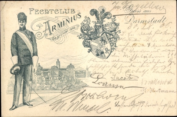 Studentika Postcard Darmstadt in Hesse, fencing club Arminius