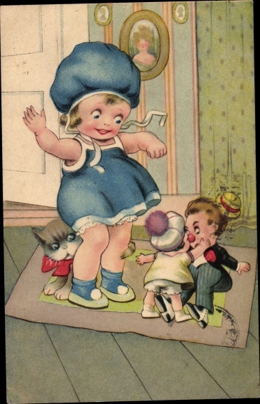 Artist Postcard Meeting Defense, Two Dolls Fighting, Cheering Girl, Amag 0234