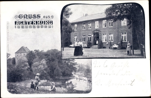 Postcard Agathenburg in Lower Saxony, inn, pond area