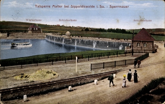Postcard Malter Dippoldiswalde, Malter Dam, dam wall, keeper's house, valve house, lake
