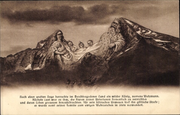 Artist Postcard Berchtesgaden in Upper Bavaria, King Watzmann with family, mountain faces