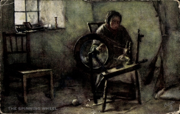 Postcard Scottish Costume, Woman at the Spinning Wheel, Living Room