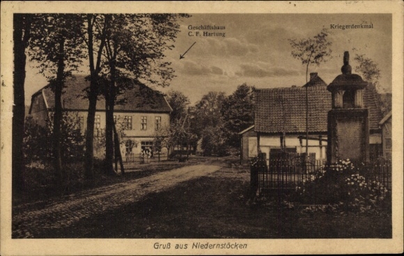 Postcard Niedernstöcken Neustadt am Rübenberge, war memorial, commercial building