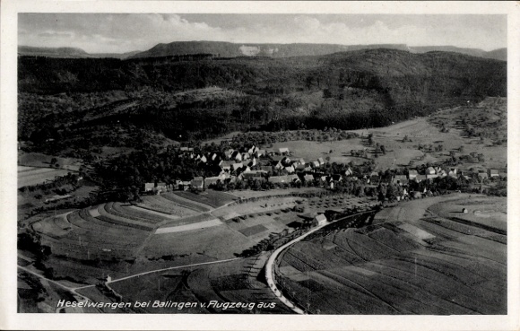Postcard Heselwangen Balingen in Württemberg, aerial view of Heselwangen, rural surroundings, wooded