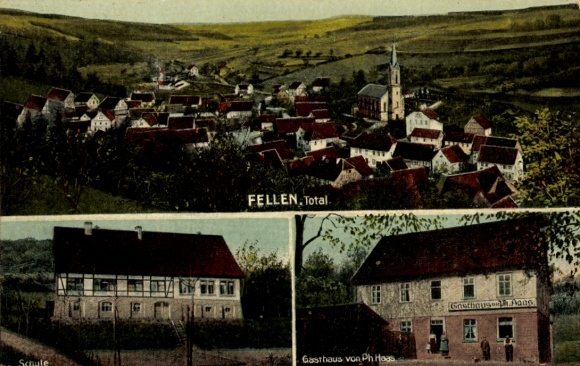 Ak Fellen in Neder-Franken, algemeen beeld, school, herberg van Ph. Haas