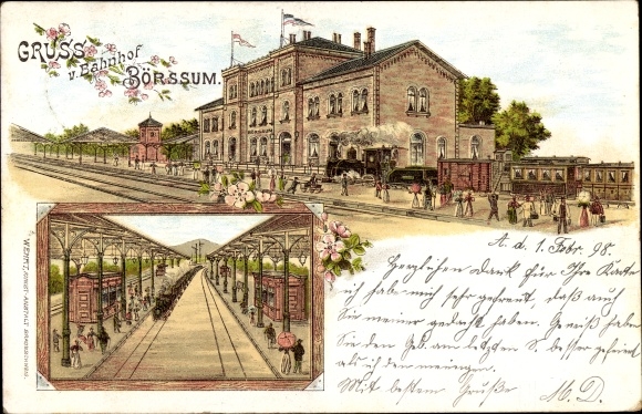 Chromo-Litho Börßum in Lower Saxony, train station from the track side, railway, platform, passengers