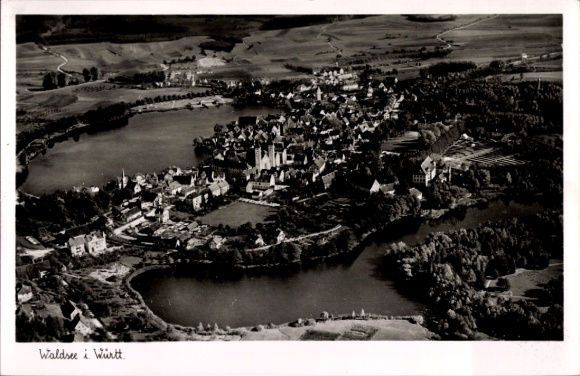 Postcard Bad Waldsee in Upper Swabia Württemberg, aerial view of Waldsee, surrounding nature, buildings