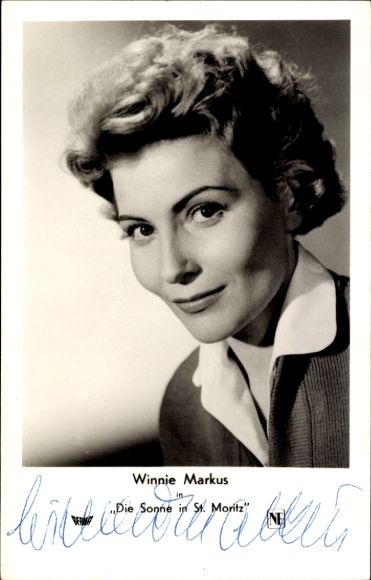 Postcard actress Winnie Markus, portrait, film The Sun in St. Moritz, autograph