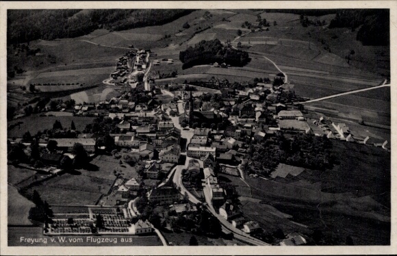 Postcard Freyung in the Bavarian Forest, aerial view of mountains, city view, photography