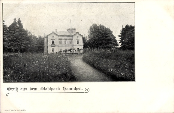 Ak Hainichen in Sachsen, Historisches Gebäude, Stadtpark, Natur, Blumen, Weg, schwarz-weiß