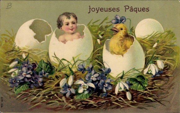 Ak Frohe Ostern, Küken, Kind, Eierschalen