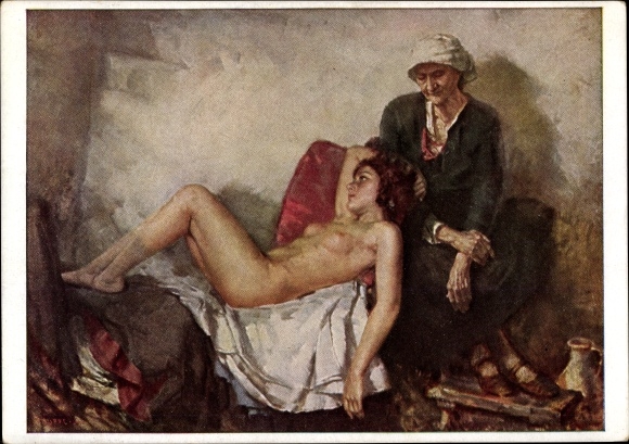 Artist Postcard troupe, Karl, being and passing away, female nude, old woman, HDK 21