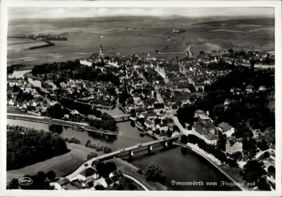 Postcard Donauwörth in Swabia Bavaria, aerial view of cityscape, river and bridge