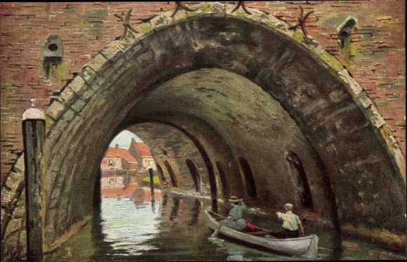 Kunstenaarskaart Gerstenhauer, Johann Georg, Nederlands motief, boot op kanaal, tunnel