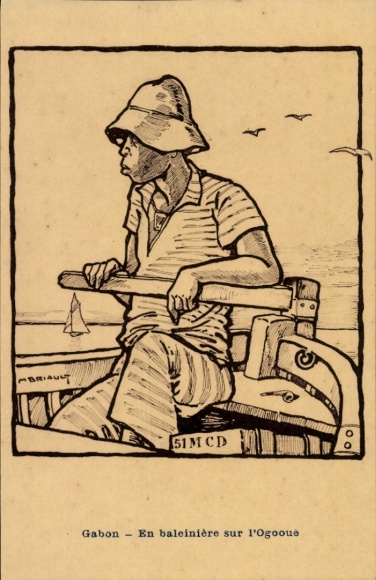Artist Postcard Briault, M., Gabon, A whaling boat on the Ogooue