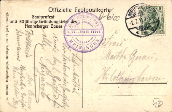Postcard Meiningen in Thuringia, Gauturnfest and 50th anniversary celebration in 1911