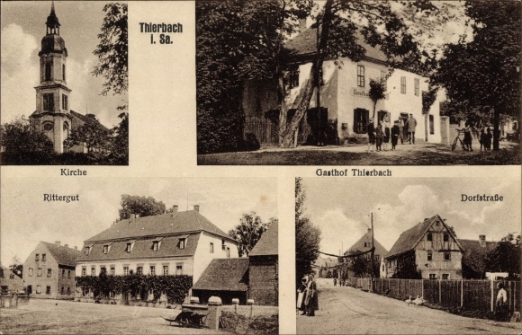 PC Thierbach Kitzscher Saxony, church, manor, village street, inn Thierbach