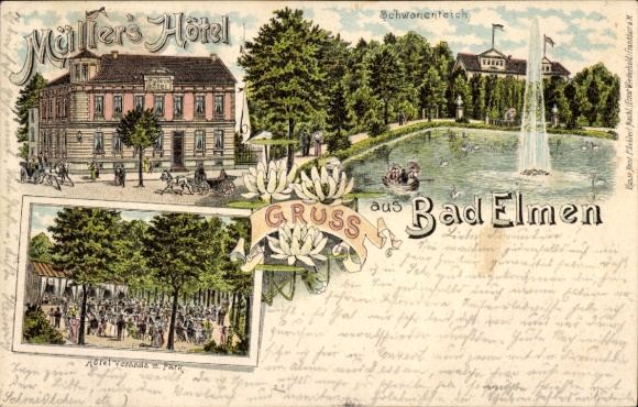 Chromo-Litho Bad Elmen Salzelmen Schönebeck an der Elbe, Müllers Hotel, Swan Pond