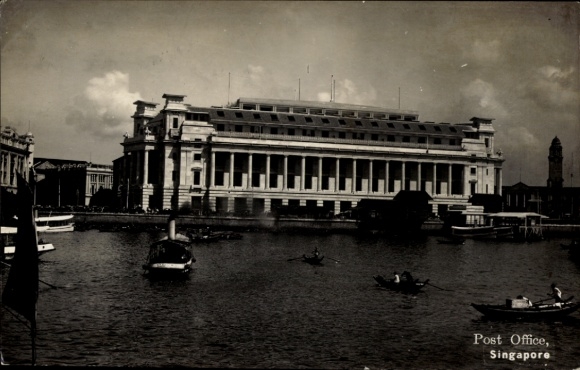 Ak Singapur, Postgebäude vom Wasser gesehen