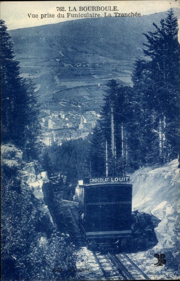 Postcard La Bourboule Puy-de-Dôme, train in the funicular, view of forest, mountain landscape, chocolate