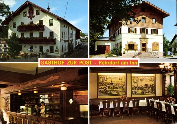 Postcard Rohrdorf am Inn Oberbayern, Gasthof Zur Post, exterior view, bar, dining room