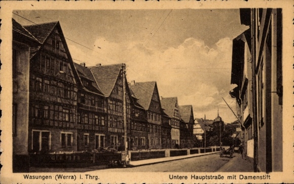 Postcard Wasungen in the Thuringian Forest, half-timbered houses, Lower Main Street, women's convent