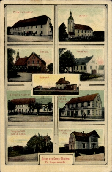 Ak Groß Särchen Lohsa in der Oberlausitz, Villa, Kirche, Pfarrhaus, Schule, Bahnhof