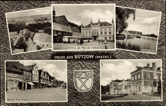 Postcard Bützow in Mecklenburg, Coat of Arms, City Hall, Freedom Square, Wilhelm Pieck Street, Train Station