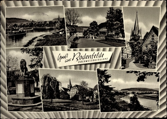 Pocztówka Bodenfelde nad Wezerą, parowiec, widok na miasto, kościół, pomnik