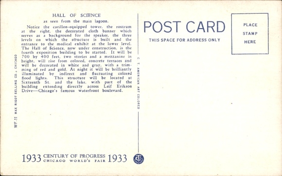 Postcard Chicago Illinois USA, World's Fair 1922, Hall of Science